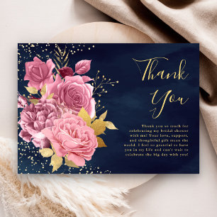 Dusty Mauve Pink Floral Navy Blue Bridal Shower Thank You Card