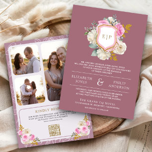 Dusty Mauve Pink Floral QR Code Crest Wedding Invitation