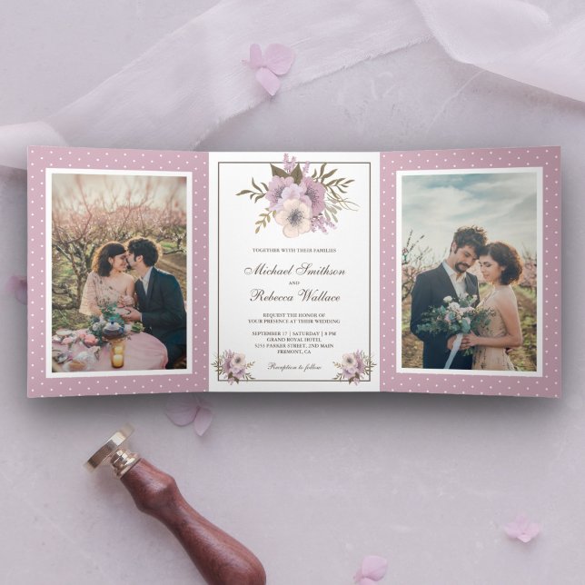 Dusty Mauve Pink Floral Wedding Photo Tri-Fold Invitation (Creator Uploaded)