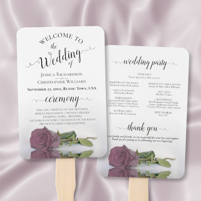 Dusty Mauve Pink Rose Elegant Wedding Program Hand Fan (Front/Back)