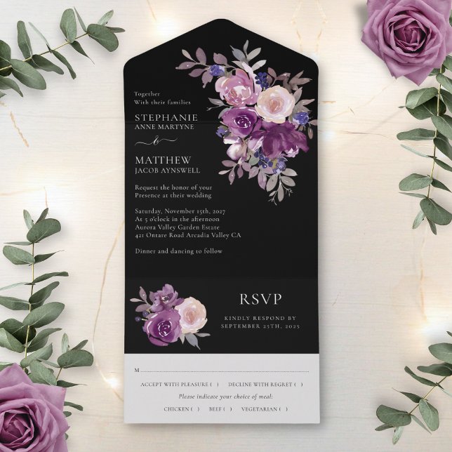 Dusty Mauve Purple Blush Floral Wedding Black All In One Invitation (Creator Uploaded)