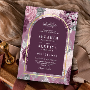Dusty Mauve Purple Floral Arch Muslim Wedding Invitation