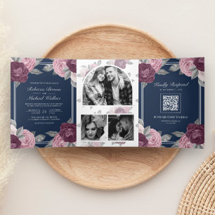 Dusty Mauve Purple Pink Rose QR Code Navy Wedding Tri-Fold Invitation