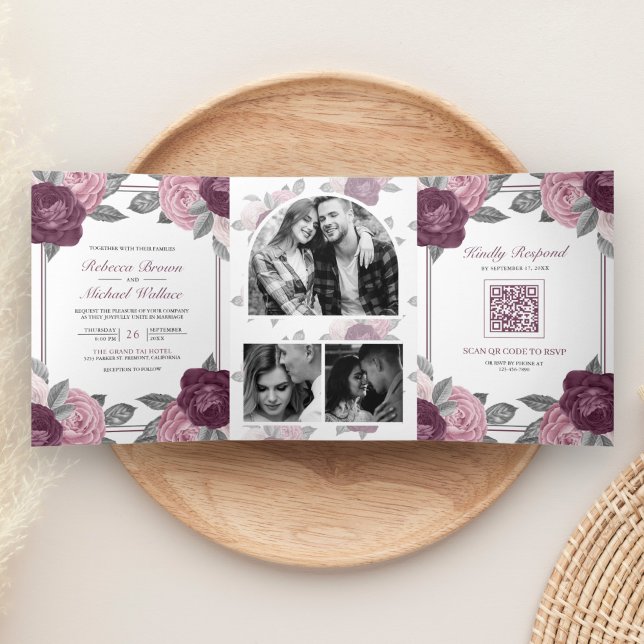 Dusty Mauve Purple Pink Rose QR Code Wedding Tri-Fold Invitation (Creator Uploaded)