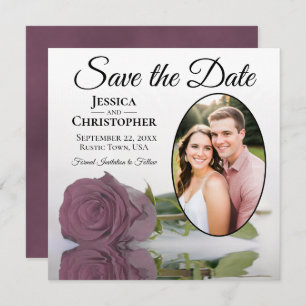 Dusty Mauve Rose on White with Oval Photo Wedding Save The Date