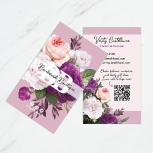 Dusty Mauve Vintage Roses Floral Boutique QR Code Business Card