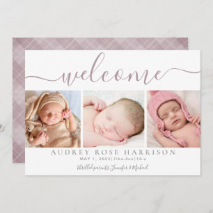 Dusty Mauve Welcome Baby Photo Collage Birth Announcement
