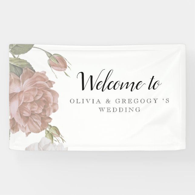 Dusty Modern Rose  Elegant Wedding Floral Backdrop Banner (Horizontal)