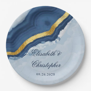 Dusty Navy Blue and Gold Agate Wedding Paper Plate