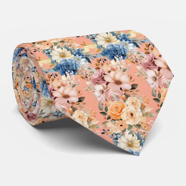 Dusty Navy Blue and Peach Pink Flowers Floral Tie (Rolled)