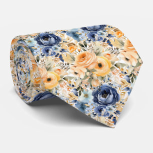 Dusty Navy Blue and Peach Roses Flowers Floral Tie