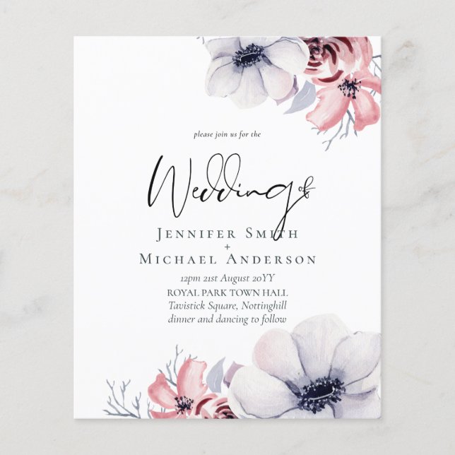 Dusty Navy Blue Coral Floral Script Wedding Budget (Front)