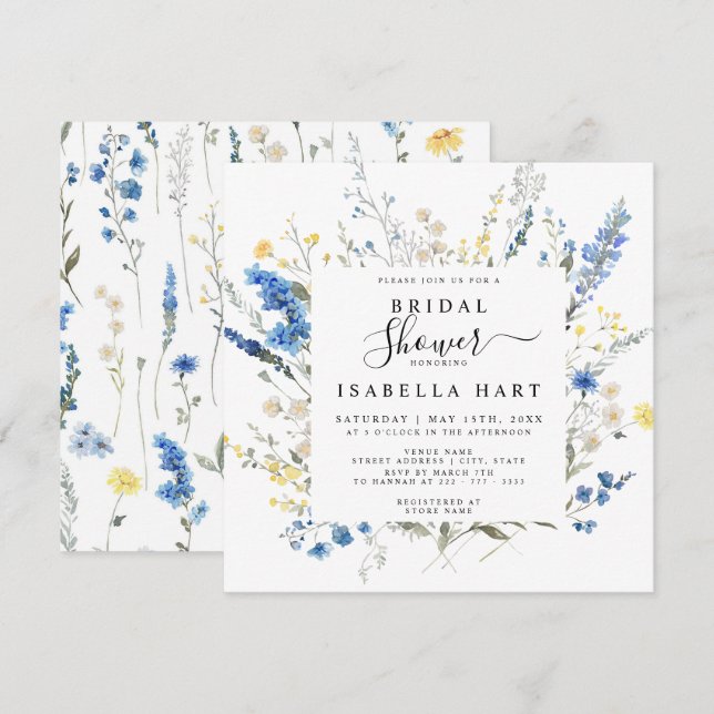Dusty Navy Blue Dainty Wild Floral Bridal Shower Invitation (Front/Back)