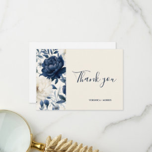 dusty navy blue floral wedding thank you card