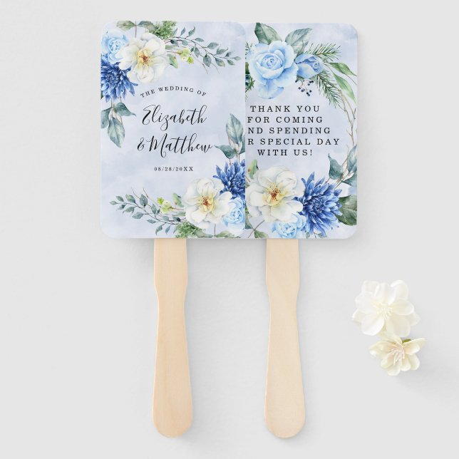 Dusty Navy Blue Floral Wedding Thank You Hand Fan (Front and Back)