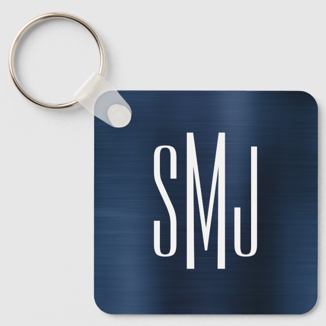 Dusty Navy Blue Foil Three Letter Monogram Key Ring (Front)