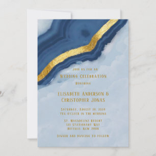 Dusty Navy Blue & Gold Agate Wedding Invitation