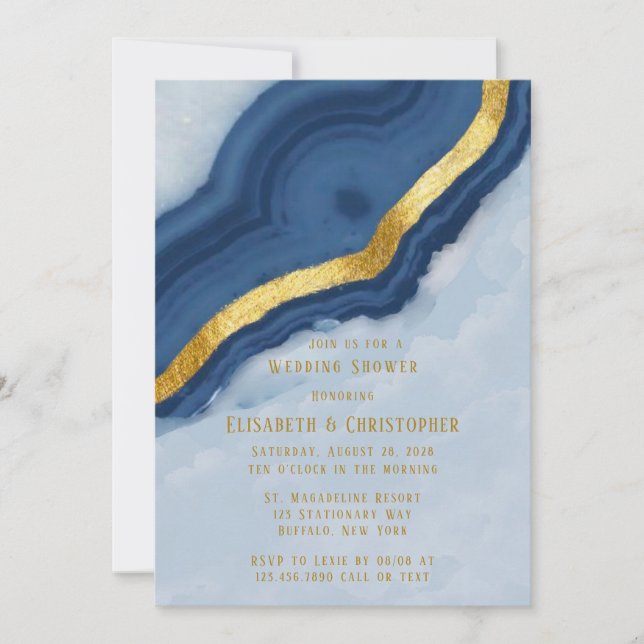 Dusty Navy Blue & Gold Agate Wedding Shower Invitation (Front)