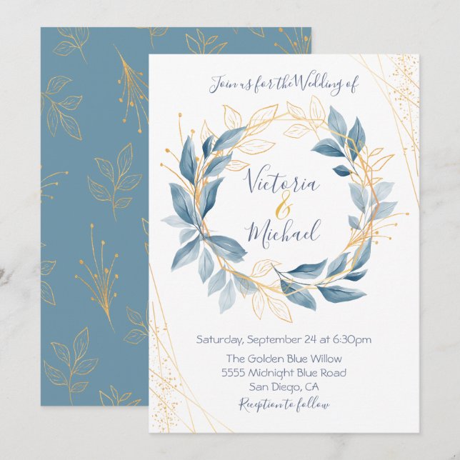 Dusty Navy Blue & Gold leaves Wedding invitation (Front/Back)