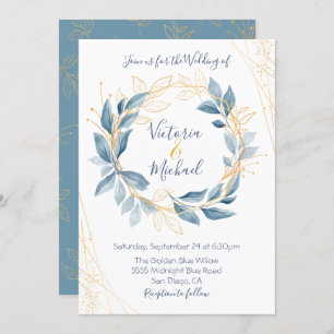 Dusty Navy Blue & Gold leaves Wedding invitation