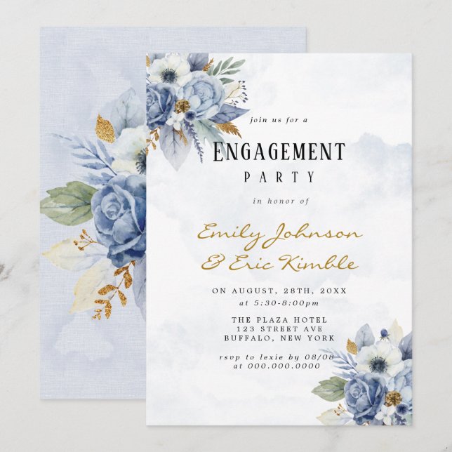 Dusty Navy Blue Gold Peony Engagement Party Invita Invitation (Front/Back)