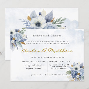 Dusty Navy Blue Gold Peony Rehearsal Dinner Invita Invitation