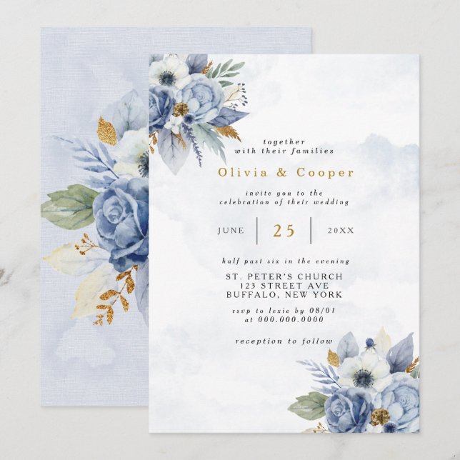 Dusty Navy Blue Gold Peony Watercolor Chic Wedding Invitation (Front/Back)