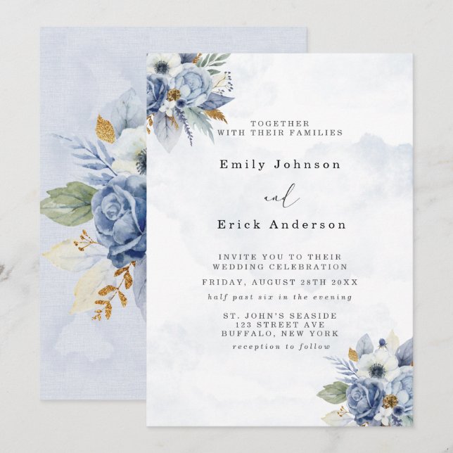 Dusty Navy Blue Gold Watercolor Peony Chic Wedding Invitation (Front/Back)