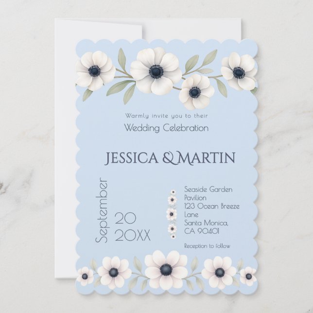 Dusty Navy Blue Ivory Anemone Timeless Wedding Invitation (Front)