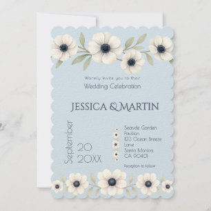 Dusty Navy Blue Ivory Anemone Timeless Wedding Invitation