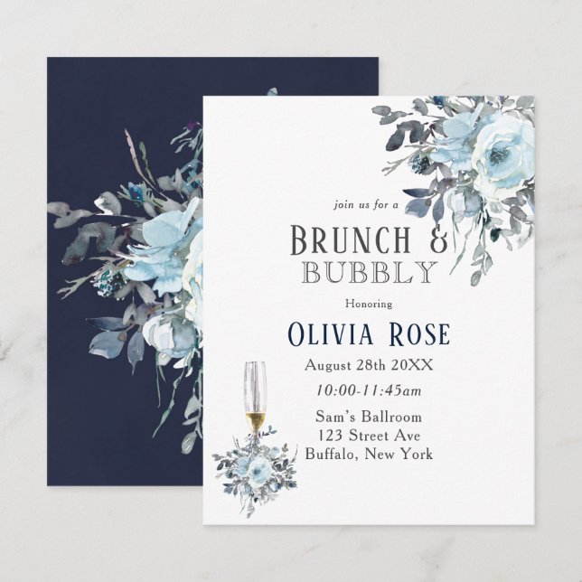 Dusty Navy Blue Peony Brunch & Bubbly Invitation (Front/Back)