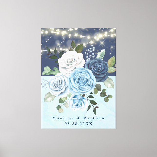 Dusty Navy Blue Peony Country Lights Wedding Canvas Print (Front)