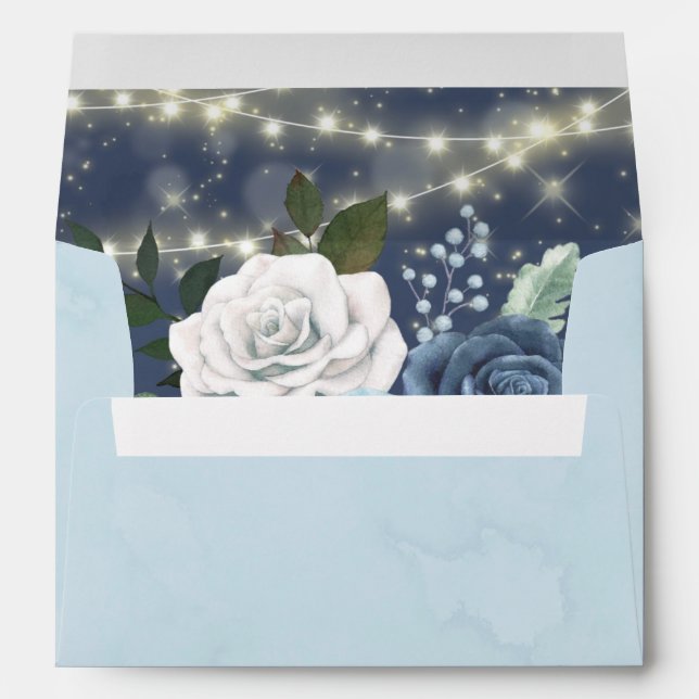 Dusty Navy Blue Peony Country Lights Wedding Envelope (Back (Bottom))