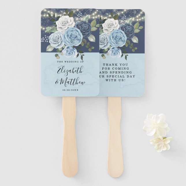 Dusty Navy Blue Peony Country Lights Wedding Hand Fan (Front and Back)