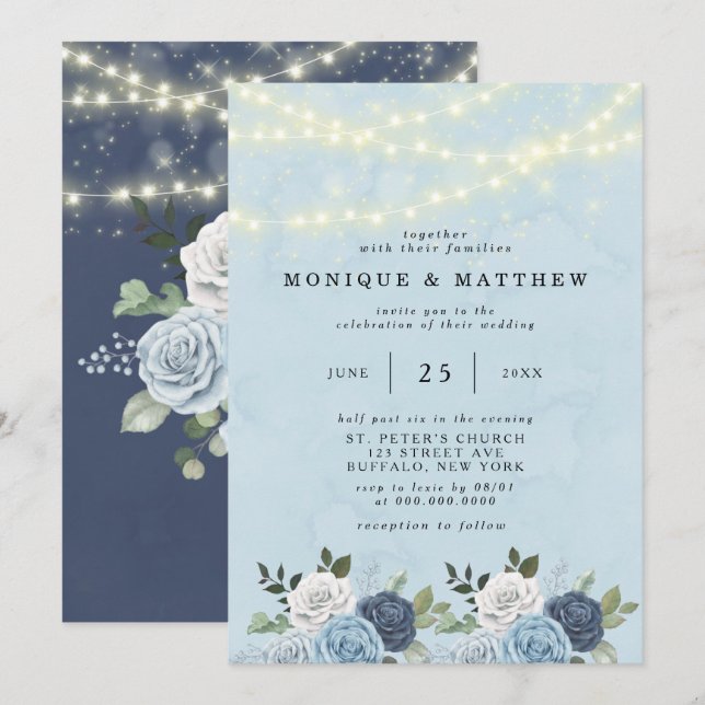 Dusty Navy Blue Peony Country Lights Wedding Invitation (Front/Back)