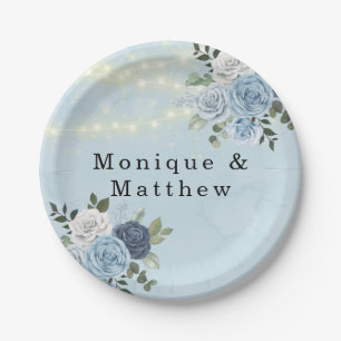Dusty Navy Blue Peony Country Lights Wedding Paper Plate