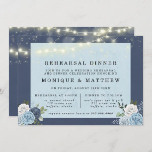 Dusty Navy Blue Peony Lights Rehearsal Dinner Invitation