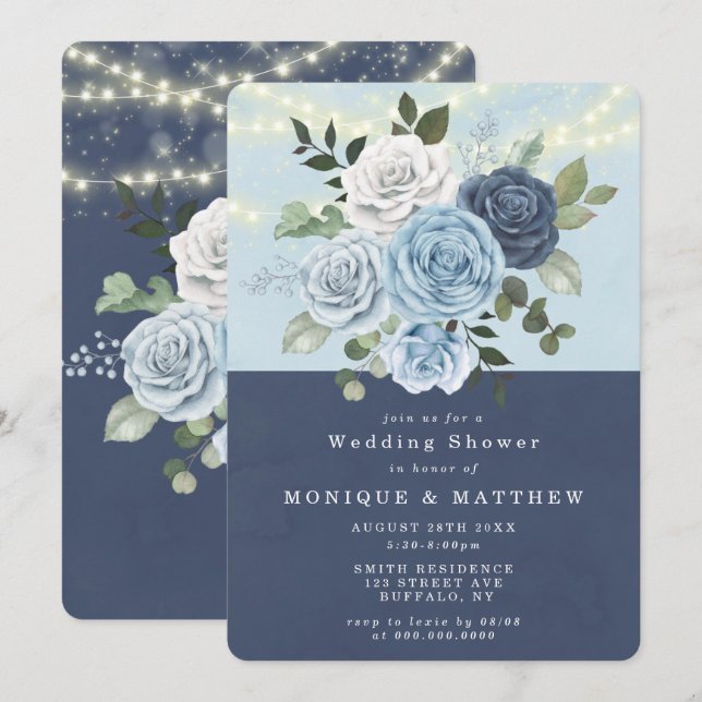 Dusty Navy Blue Peony Lights Wedding Shower Invite (Front/Back)