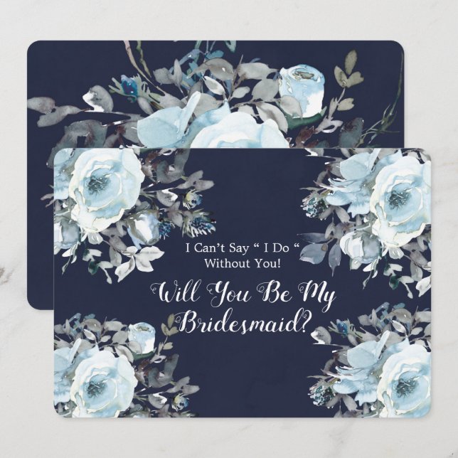 Dusty Navy Blue Peony Will You Be My Bridesmaid Invitation (Front/Back)