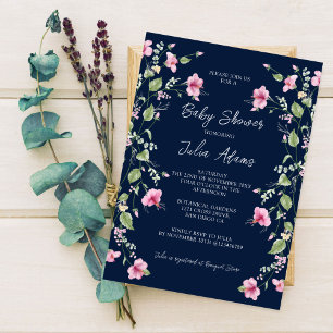 Dusty Navy Blue Pink Hibiscus Bloom Baby Shower Invitation