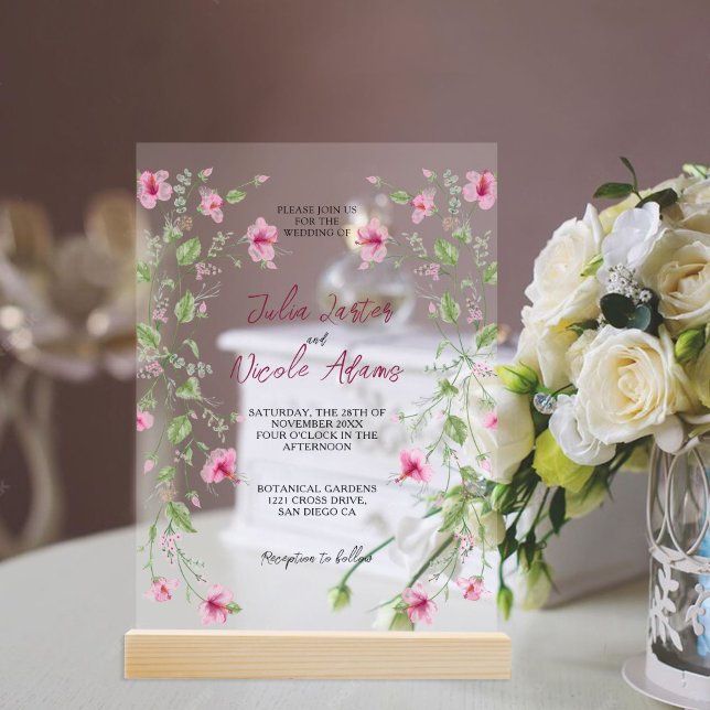 Dusty Navy Blue Pink Hibiscus Bloom Wedding Acrylic Invitations (Creator Uploaded)