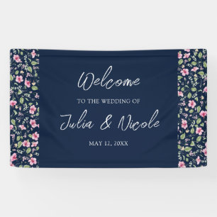 Dusty Navy Blue Pink Hibiscus Bloom Wedding Shower Banner