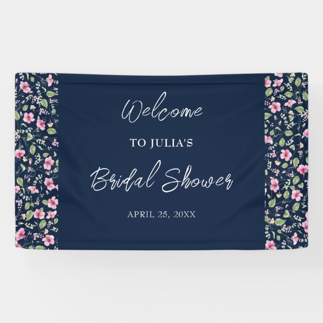 Dusty Navy Blue Pink Hibiscus Bloom Wedding Shower Banner (Horizontal)
