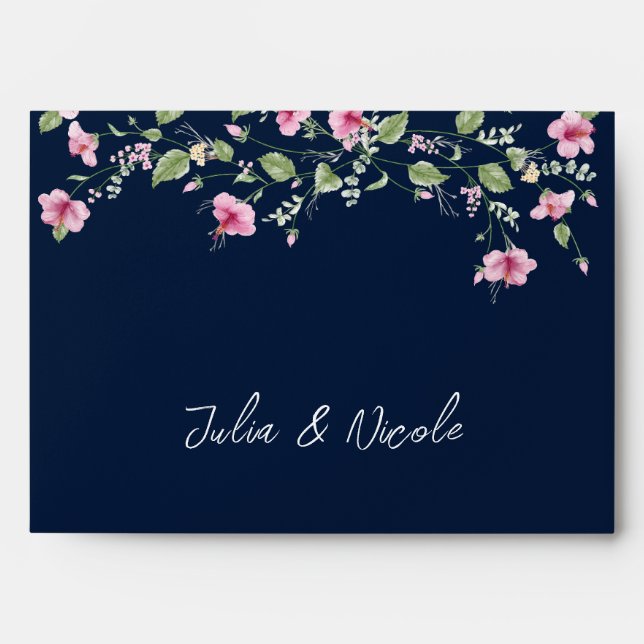 Dusty Navy Blue Pink Hibiscus Bloom Wedding Shower Envelope (Front)