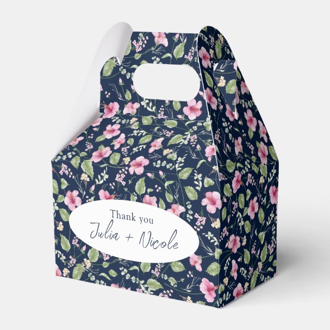 Dusty Navy Blue Pink Hibiscus Bloom Wedding Shower Favour Box (Front Side)