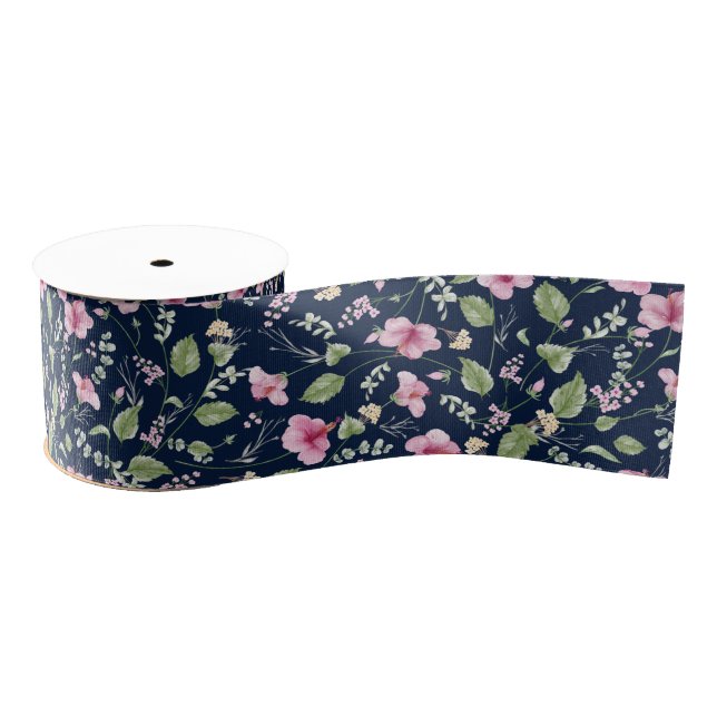 Dusty Navy Blue Pink Hibiscus Bloom Wedding Shower Grosgrain Ribbon (Spool)