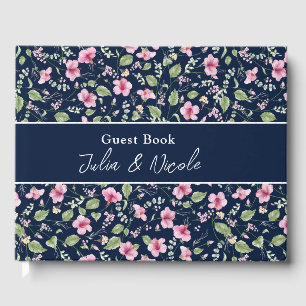 Dusty Navy Blue Pink Hibiscus Bloom Wedding Shower Guest Book