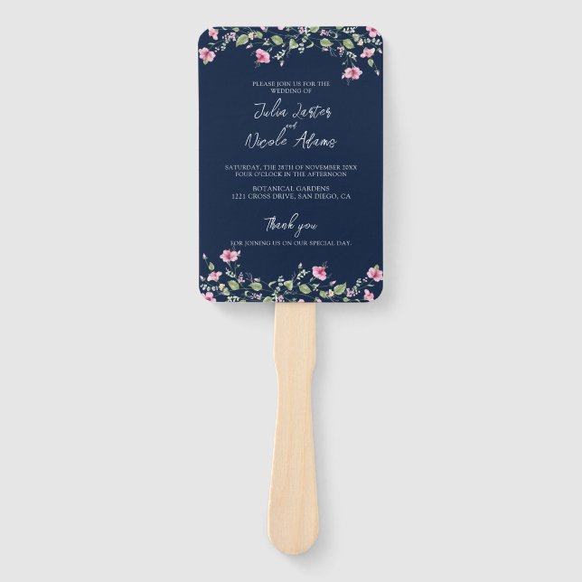 Dusty Navy Blue Pink Hibiscus Bloom Wedding Shower Hand Fan (Front)