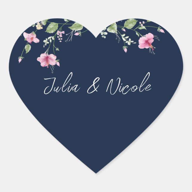 Dusty Navy Blue Pink Hibiscus Bloom Wedding Shower Heart Sticker (Front)