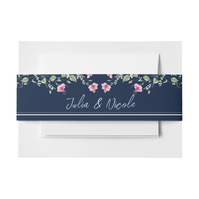 Dusty Navy Blue Pink Hibiscus Bloom Wedding Shower Invitation Belly Band (Front Example)
